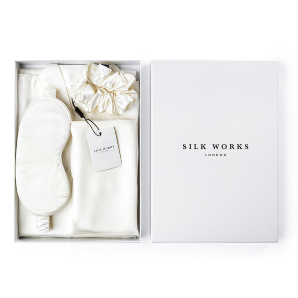 Bridal Gift set by Silk Works London. Contains Ivory silk robe, large scrunchie, eye mask and silk pillowcase.