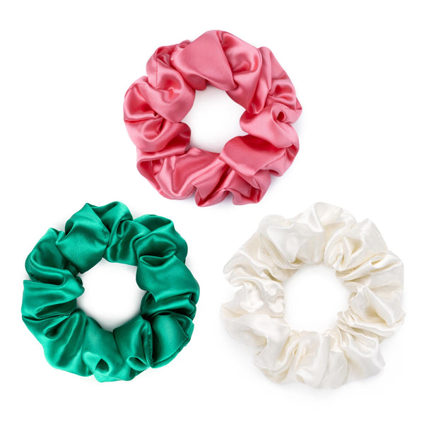 Large silk scrunchies in watermelon, green and white.