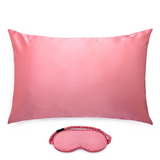 Watermelon coloured mulberry silk pillowcase and matching silk eye mask.