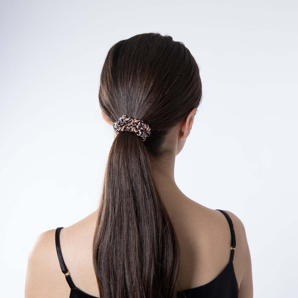 lady with skinny leopard print silk scrunchie in hair